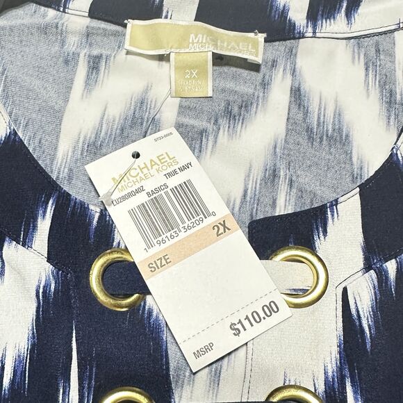 Michael Kors womens dress size 2X Lace Up Neck Sleeveless Navy White Ikat NWT - Picture 4 of 8